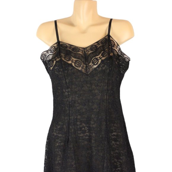 Vintage Black Lace Slip Large Dress Lined Large Sheer Bust V Neck SP63 - Picture 2 of 10